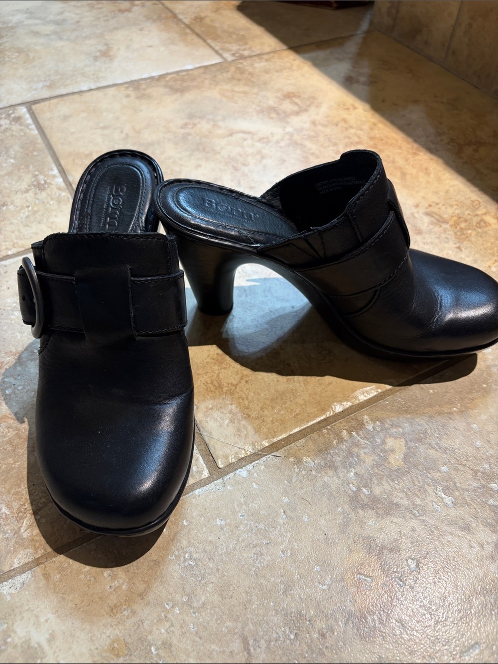 Born Black Leather Slip-On Heeled Mules with Buckle Detail